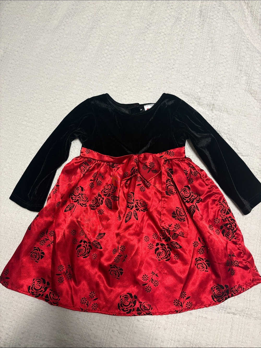 Girls Black Velvet & Red Floral Satin Dress